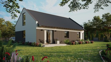 ERDOL 3 - Version Rechts (Wohnzimmer auf der rechten Seite) - Modernes Satteldach mit Dachgeschoss -Dachneigung 35 Grad - Keine Dachfenster - Bodentiefe Fenster im Dachgeschoss - Styropor, Netz, Kleber - Anthrazit - Ohne