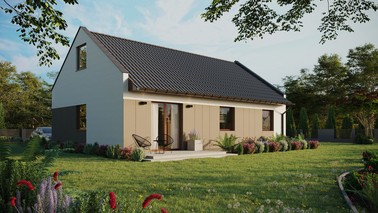 ERDOL 3 - Version Rechts (Wohnzimmer auf der rechten Seite) - Modernes Satteldach mit Dachgeschoss -Dachneigung 35 Grad - Keine Dachfenster - Standard - Styropor, Netz, Kleber - Nusbaum - Ohne