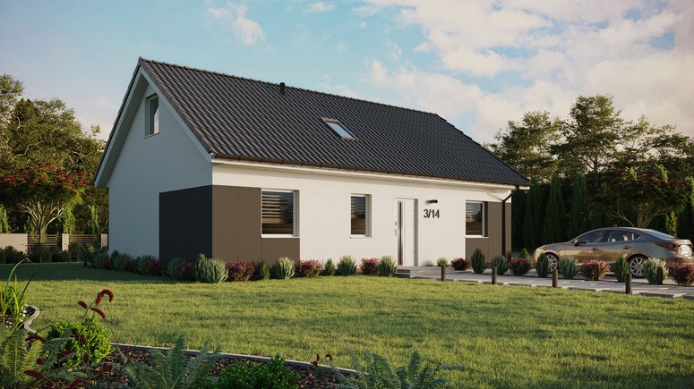 ERDOL 3 - Version Rechts (Wohnzimmer auf der rechten Seite) - Satteldach mit Dachgeschoss -Dachneigung 35 Grad - Dachfenster für Zimmer und Badezimmer - Standard - Styropor, Netz, Kleber - Weiß - Ohne