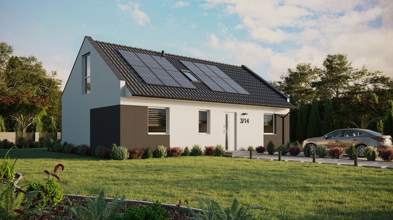 ERDOL 3 - Version Rechts (Wohnzimmer auf der rechten Seite) - Modernes Satteldach mit Dachgeschoss -Dachneigung 35 Grad - Zwei Zimmer-Dachfenster und ein Badezimmer-Dachfenster - Balkontür im Esszimmer und Bodentiefe Fenster im Dachgeschoss - Styropor, Netz, Kleber - Weiß - Photovoltaik-Installation 4,8 kWp (12 Paneele)