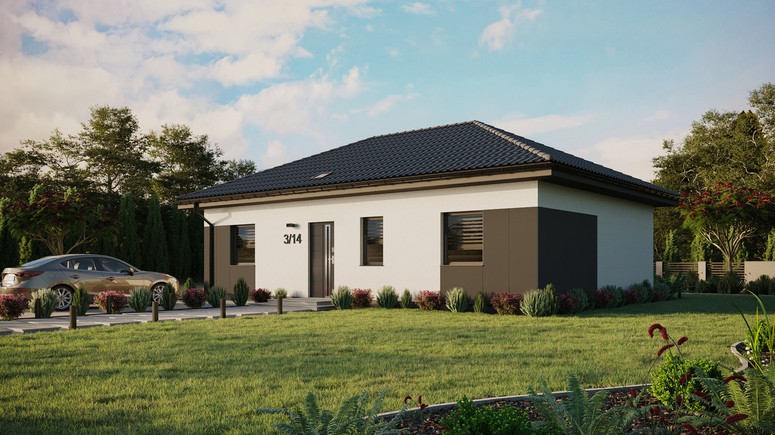 ERDOL 3 - Version Links (Wohnzimmer auf der linken Seite) - Walmdach ohne Dachgeschoss- Dachneigung 25 Grad - Starres Tunneldachfenster - Standard - Styropor, Netz, Kleber - Anthrazit