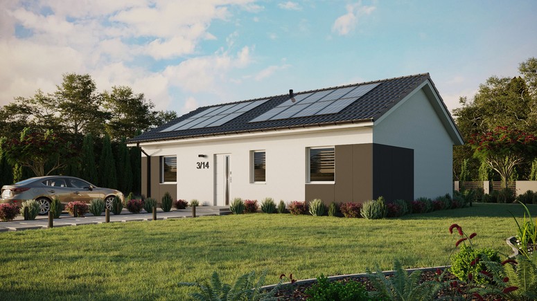 ERDOL 3 - Version Links (Wohnzimmer auf der linken Seite) - Satteldach ohne Dachgeschoss - Dachneigung 25 Grad - Keine Dachfenster - Standard - Styropor, Netz, Kleber - Weiß - Photovoltaik-Installation 6,4 kWp (16 Paneele)