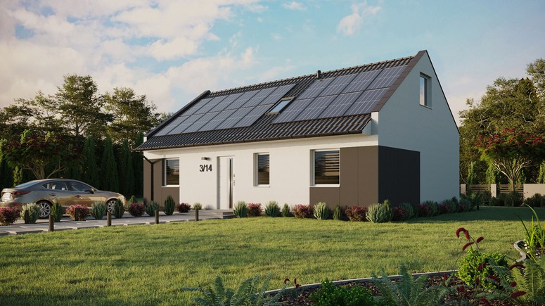 ERDOL 3 - Version Links (Wohnzimmer auf der linken Seite) - Modernes Satteldach mit Dachgeschoss -Dachneigung 35 Grad - Dachfenster für Zimmer und Badezimmer - Standard - Styropor, Netz, Kleber - Weiß - Photovoltaik-Installation 8 kWp (20 Paneele)