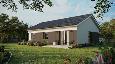 ERDOL 3 - Version Links (Wohnzimmer auf der linken Seite) - Satteldach ohne Dachgeschoss - Dachneigung 25 Grad - Keine Dachfenster - Balkontür im Esszimmer - Styropor, Netz, Kleber - Weiß - Ohne