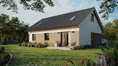 ERDOL 3 - Version Links (Wohnzimmer auf der linken Seite) - Satteldach mit Dachgeschoss -Dachneigung 35 Grad - Zwei Zimmer-Dachfenster und ein Badezimmer-Dachfenster - Standard - Styropor, Netz, Kleber - Goldene Eiche - Ohne