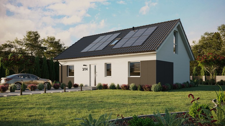 ERDOL 3 - Version Links (Wohnzimmer auf der linken Seite) - Satteldach mit Dachgeschoss -Dachneigung 35 Grad - Zwei Zimmer-Dachfenster und ein Badezimmer-Dachfenster - Bodentiefe Fenster im Dachgeschoss - Styropor, Netz, Kleber - Weiß - Photovoltaik-Installation 4,8 kWp (12 Paneele)