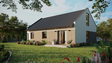 ERDOL 3 - Version Links (Wohnzimmer auf der linken Seite) - Modernes Satteldach mit Dachgeschoss -Dachneigung 35 Grad - Keine Dachfenster - Bodentiefe Fenster im Dachgeschoss - Styropor, Netz, Kleber - Goldene Eiche - Photovoltaik-Installation 8 kWp (20 Paneele)