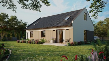 ERDOL 3 - Version Links (Wohnzimmer auf der linken Seite) - Modernes Satteldach mit Dachgeschoss -Dachneigung 35 Grad - Zwei-Zimmer-Dachfenster - Balkontür im Esszimmer - Styropor, Netz, Kleber - Goldene Eiche - Ohne