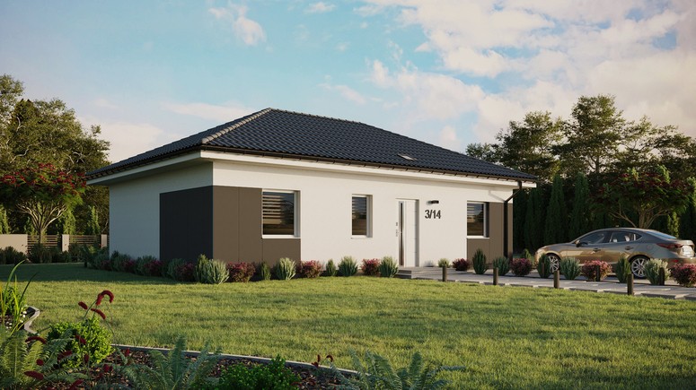 ERDOL 3 - Version Rechts (Wohnzimmer auf der rechten Seite) - Walmdach ohne Dachgeschoss- Dachneigung 25 Grad - Starres Tunneldachfenster - Standard - Styropor, Netz, Kleber - Weiß