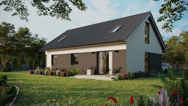 ERDOL 3 - Version Links (Wohnzimmer auf der linken Seite) - Satteldach mit Dachgeschoss -Dachneigung 35 Grad - Zwei Zimmer-Dachfenster und ein Badezimmer-Dachfenster - Balkontür im Esszimmer und Bodentiefe Fenster im Dachgeschoss - Styropor, Netz, Kleber - Anthrazit - Ohne