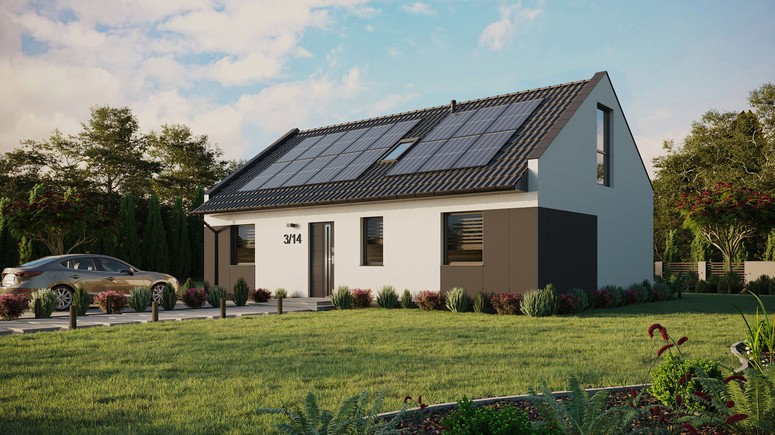 ERDOL 3 - Version Links (Wohnzimmer auf der linken Seite) - Modernes Satteldach mit Dachgeschoss -Dachneigung 35 Grad - Zwei Zimmer-Dachfenster und ein Badezimmer-Dachfenster - Bodentiefe Fenster im Dachgeschoss - Styropor, Netz, Kleber - Anthrazit - Photovoltaik-Installation 6,4 kWp (16 Paneele)