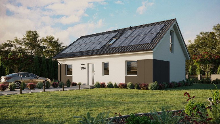 ERDOL 3 - Version Links (Wohnzimmer auf der linken Seite) - Satteldach mit Dachgeschoss -Dachneigung 35 Grad - Dachfenster für Zimmer und Badezimmer - Bodentiefe Fenster im Dachgeschoss - Styropor, Netz, Kleber - Weiß - Photovoltaik-Installation 8 kWp (20 Paneele)