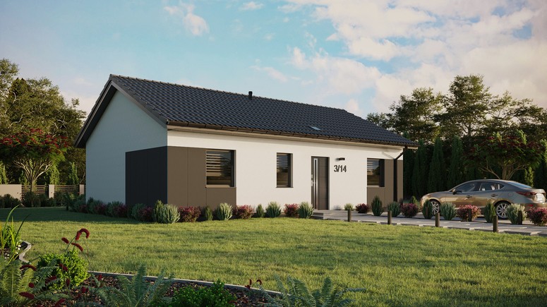 ERDOL 3 - Version Rechts (Wohnzimmer auf der rechten Seite) - Satteldach ohne Dachgeschoss - Dachneigung 25 Grad - Starres Tunneldachfenster - Standard - Styropor, Netz, Kleber - Anthrazit - Photovoltaik-Installation 8 kWp (20 Paneele)