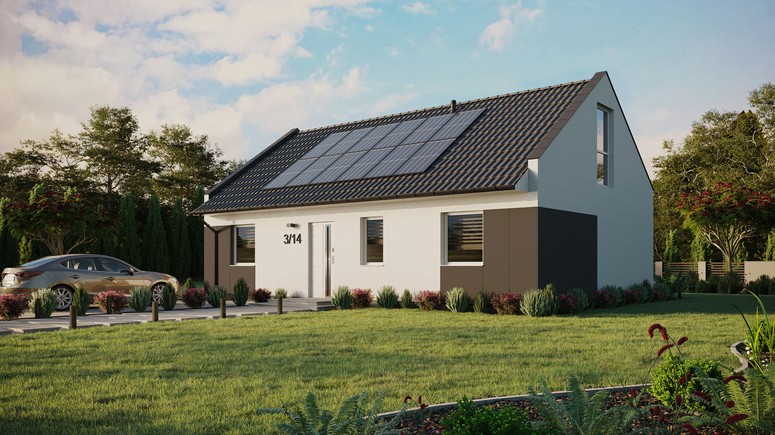 ERDOL 3 - Version Links (Wohnzimmer auf der linken Seite) - Modernes Satteldach mit Dachgeschoss -Dachneigung 35 Grad - Keine Dachfenster - Balkontür im Esszimmer und Bodentiefe Fenster im Dachgeschoss - Styropor, Netz, Kleber - Weiß - Photovoltaik-Installation 4,8 kWp (12 Paneele)