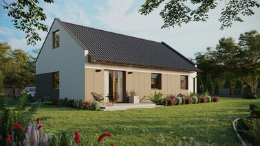 ERDOL 3 - Version Rechts (Wohnzimmer auf der rechten Seite) - Modernes Satteldach mit Dachgeschoss -Dachneigung 35 Grad - Keine Dachfenster - Standard - Styropor, Netz, Kleber - Goldene Eiche - Ohne