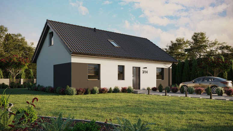 ERDOL 3 - Version Rechts (Wohnzimmer auf der rechten Seite) - Satteldach mit Dachgeschoss -Dachneigung 35 Grad - Dachfenster für Zimmer und Badezimmer - Standard - Styropor, Netz, Kleber - Anthrazit - Ohne