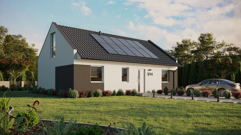 ERDOL 3 - Version Rechts (Wohnzimmer auf der rechten Seite) - Modernes Satteldach mit Dachgeschoss -Dachneigung 35 Grad - Keine Dachfenster - Balkontür im Esszimmer und Bodentiefe Fenster im Dachgeschoss - Styropor, Netz, Kleber - Weiß - Photovoltaik-Installation 4,8 kWp (12 Paneele)