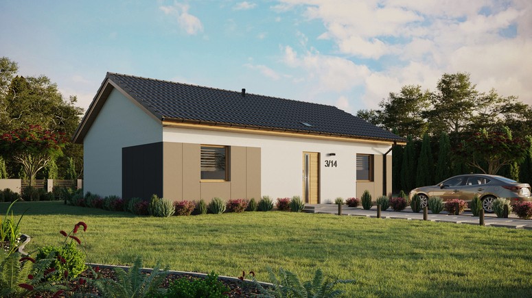 ERDOL 2 XL - Version Rechts (Wohnzimmer auf der rechten Seite) - Satteldach ohne Dachgeschoss - Dachneigung 25 Grad - Starres Tunneldachfenster - Standard - Styropor, Netz, Kleber - Winchester - Ohne