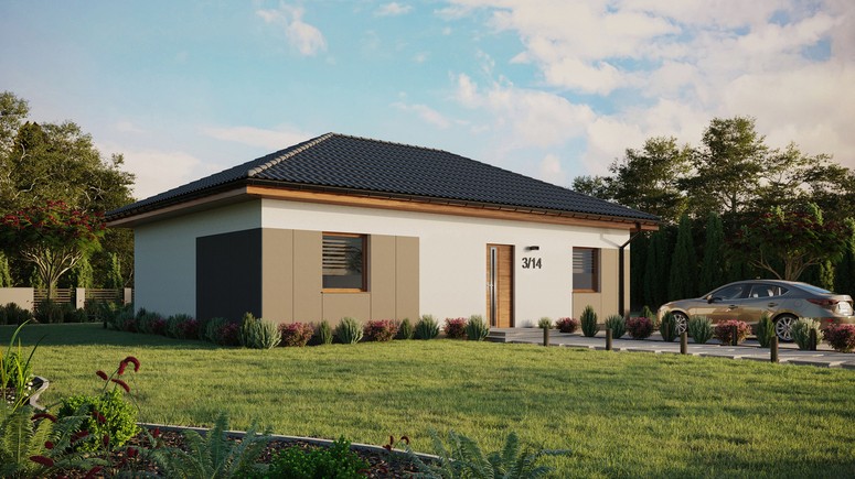 ERDOL 2 XL - Version Rechts (Wohnzimmer auf der rechten Seite) - Walmdach ohne Dachgeschoss- Dachneigung 25 Grad - Keine Dachfenster - Standard - Styropor, Netz, Kleber - Goldene Eiche