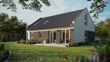 ERDOL 2 XL - Version Links (Wohnzimmer auf der linken Seite) - Modernes Satteldach mit Dachgeschoss -Dachneigung 35 Grad - Dachfenster für Zimmer und Badezimmer - Balkontür im Esszimmer und Bodentiefe Fenster im Dachgeschoss - Styropor, Netz, Kleber - Weiß - Photovoltaik-Installation 8 kWp (20 Paneele)