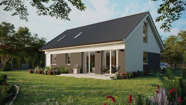 ERDOL 2 XL - Version Links (Wohnzimmer auf der linken Seite) - Satteldach mit Dachgeschoss -Dachneigung 35 Grad - Dachfenster für Zimmer und Badezimmer - Bodentiefe Fenster im Dachgeschoss - Styropor, Netz, Kleber - Weiß - Photovoltaik-Installation 4,8 kWp (12 Paneele)