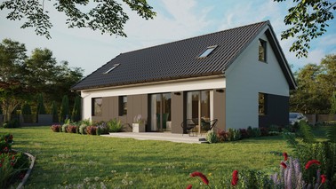 ERDOL 2 XL - Version Links (Wohnzimmer auf der linken Seite) - Satteldach mit Dachgeschoss -Dachneigung 35 Grad - Zwei-Zimmer-Dachfenster - Standard - Styropor, Netz, Kleber - Anthrazit - Photovoltaik-Installation 8 kWp (20 Paneele)