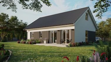 ERDOL 2 XL - Version Links (Wohnzimmer auf der linken Seite) - Satteldach mit Dachgeschoss -Dachneigung 35 Grad - Keine Dachfenster - Balkontür im Esszimmer - Styropor, Netz, Kleber - Weiß - Ohne