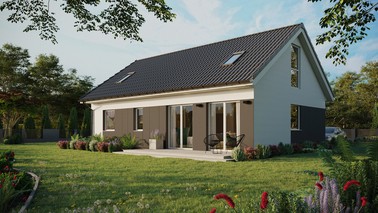 ERDOL 2 XL - Version Links (Wohnzimmer auf der linken Seite) - Satteldach mit Dachgeschoss -Dachneigung 35 Grad - Zwei-Zimmer-Dachfenster - Bodentiefe Fenster im Dachgeschoss - Styropor, Netz, Kleber - Weiß - Photovoltaik-Installation 6,4 kWp (16 Paneele)