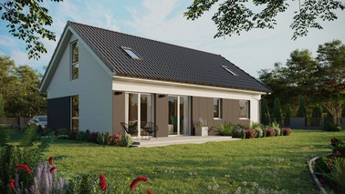 ERDOL 2 XL - Version Rechts (Wohnzimmer auf der rechten Seite) - Satteldach mit Dachgeschoss -Dachneigung 35 Grad - Zwei-Zimmer-Dachfenster - Balkontür im Esszimmer und Bodentiefe Fenster im Dachgeschoss - Styropor, Netz, Kleber - Weiß - Ohne