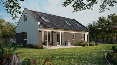 ERDOL 2 XL - Version Rechts (Wohnzimmer auf der rechten Seite) - Modernes Satteldach mit Dachgeschoss -Dachneigung 35 Grad - Zwei Zimmer-Dachfenster und ein Badezimmer-Dachfenster - Standard - Styropor, Netz, Kleber - Weiß - Ohne