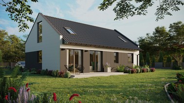 ERDOL 2 XL - Version Rechts (Wohnzimmer auf der rechten Seite) - Modernes Satteldach mit Dachgeschoss -Dachneigung 35 Grad - Zwei-Zimmer-Dachfenster - Bodentiefe Fenster im Dachgeschoss - Styropor, Netz, Kleber - Anthrazit - Ohne