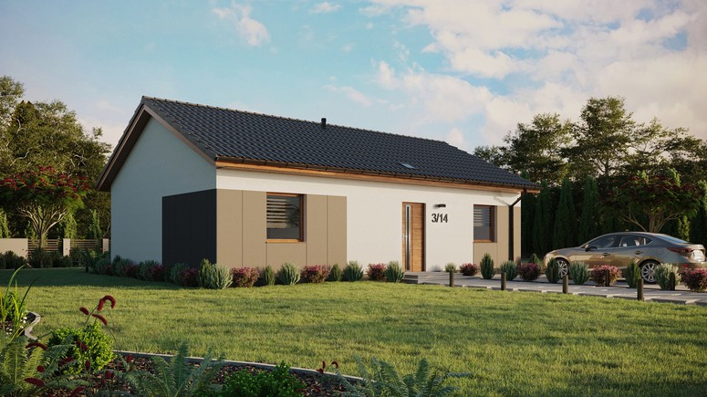 ERDOL 2 XL - Version Rechts (Wohnzimmer auf der rechten Seite) - Satteldach ohne Dachgeschoss - Dachneigung 25 Grad - Starres Tunneldachfenster - Standard - Styropor, Netz, Kleber - Goldene Eiche - Ohne