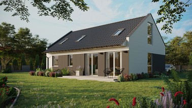 ERDOL 2 XL - Version Links (Wohnzimmer auf der linken Seite) - Modernes Satteldach mit Dachgeschoss -Dachneigung 35 Grad - Zwei Zimmer-Dachfenster und ein Badezimmer-Dachfenster - Balkontür im Esszimmer und Bodentiefe Fenster im Dachgeschoss - Styropor, Netz, Kleber - Weiß - Photovoltaik-Installation 8 kWp (20 Paneele)