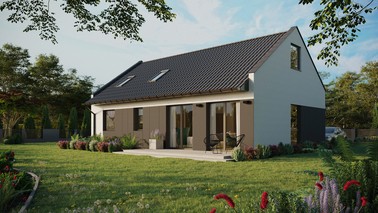 ERDOL 2 XL - Version Links (Wohnzimmer auf der linken Seite) - Modernes Satteldach mit Dachgeschoss -Dachneigung 35 Grad - Dachfenster für Zimmer und Badezimmer - Balkontür im Esszimmer - Styropor, Netz, Kleber - Anthrazit - Photovoltaik-Installation 6,4 kWp (16 Paneele)