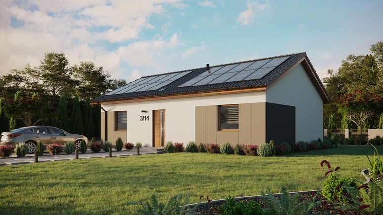 ERDOL 2 XL - Version Links (Wohnzimmer auf der linken Seite) - Satteldach ohne Dachgeschoss - Dachneigung 25 Grad - Starres Tunneldachfenster - Standard - Styropor, Netz, Kleber - Goldene Eiche - Photovoltaik-Installation 8 kWp (20 Paneele)