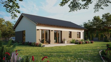 ERDOL 2 XL - Version Rechts (Wohnzimmer auf der rechten Seite) - Satteldach ohne Dachgeschoss - Dachneigung 25 Grad - Keine Dachfenster - Balkontür im Esszimmer - Styropor, Netz, Kleber - Goldene Eiche - Ohne