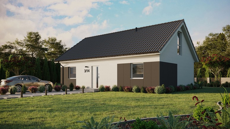 ERDOL 2 XL - Version Links (Wohnzimmer auf der linken Seite) - Satteldach mit Dachgeschoss -Dachneigung 35 Grad - Keine Dachfenster - Balkontür im Esszimmer und Bodentiefe Fenster im Dachgeschoss - Styropor, Netz, Kleber - Weiß - Ohne