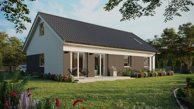 ERDOL 3 XL - Version Rechts (Wohnzimmer auf der rechten Seite) - Satteldach mit Dachgeschoss -Dachneigung 35 Grad - Dachfenster für Zimmer und Badezimmer - Standard - Styropor, Netz, Kleber - Weiß - Ohne