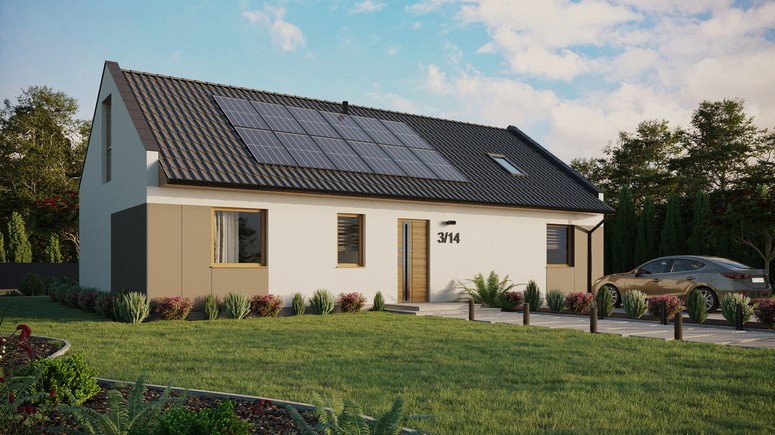 ERDOL 3 XL - Version Rechts (Wohnzimmer auf der rechten Seite) - Modernes Satteldach mit Dachgeschoss -Dachneigung 35 Grad - Dachfenster für Zimmer und Badezimmer - Balkontür im Esszimmer und Bodentiefe Fenster im Dachgeschoss - Styropor, Netz, Kleber - Winchester - Photovoltaik-Installation 4,8 kWp (12 Paneele)