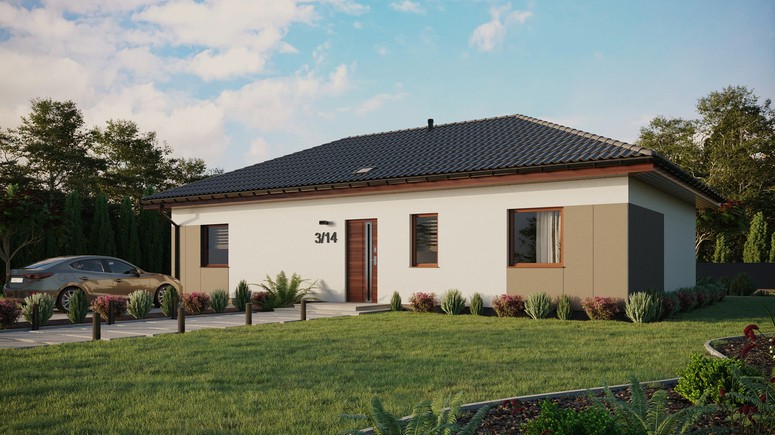 ERDOL 3 XL - Version Links (Wohnzimmer auf der linken Seite) - Walmdach ohne Dachgeschoss- Dachneigung 25 Grad - Starres Tunneldachfenster - Standard - Styropor, Netz, Kleber - Nusbaum