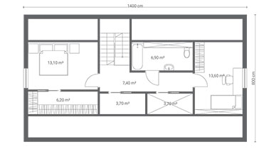 ERDOL 3 XL - Version Rechts (Wohnzimmer auf der rechten Seite) - Treppe in Treppenhaus - Dachgeschossausbau - Beispielvorschlag