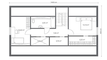 ERDOL 3 XL - Version Links (Wohnzimmer auf der linken Seite) - Treppe in Treppenhaus - Dachgeschossausbau - Beispielvorschlag