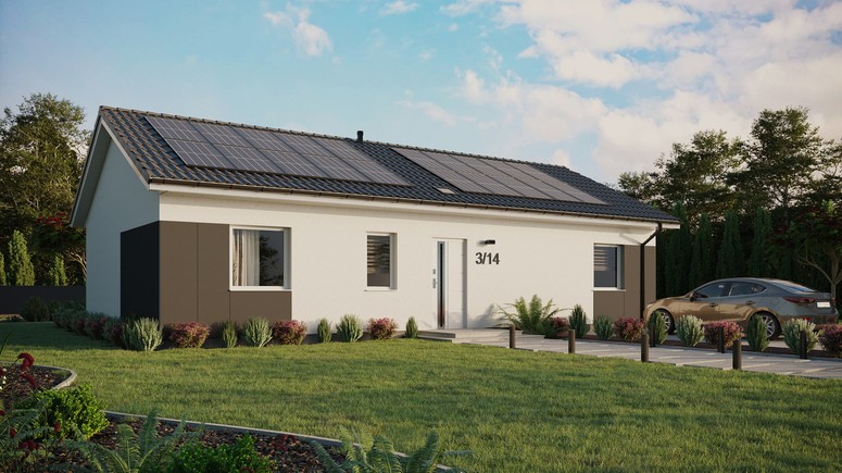 ERDOL 3 XL - Version Rechts (Wohnzimmer auf der rechten Seite) - Satteldach ohne Dachgeschoss - Dachneigung 25 Grad - Starres Tunneldachfenster - Standard - Styropor, Netz, Kleber - Weiß - Photovoltaik-Installation 8 kWp (20 Paneele)