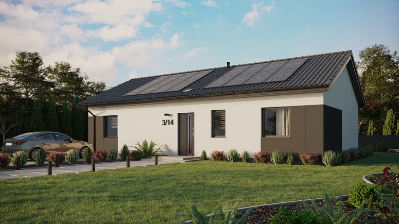 ERDOL 3 XL - Version Links (Wohnzimmer auf der linken Seite) - Satteldach ohne Dachgeschoss - Dachneigung 25 Grad - Starres Tunneldachfenster - Standard - Styropor, Netz, Kleber - Anthrazit - Photovoltaik-Installation 6,4 kWp (16 Paneele)