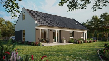 ERDOL 3 XL - Version Rechts (Wohnzimmer auf der rechten Seite) - Modernes Satteldach mit Dachgeschoss -Dachneigung 35 Grad - Zwei Zimmer-Dachfenster und ein Badezimmer-Dachfenster - Balkontür im Esszimmer - Styropor, Netz, Kleber - Weiß - Ohne