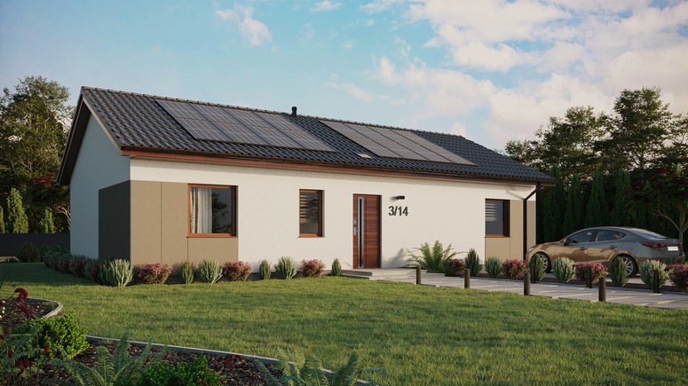 ERDOL 3 XL - Version Rechts (Wohnzimmer auf der rechten Seite) - Satteldach ohne Dachgeschoss - Dachneigung 25 Grad - Starres Tunneldachfenster - Standard - Styropor, Netz, Kleber - Nusbaum - Photovoltaik-Installation 6,4 kWp (16 Paneele)