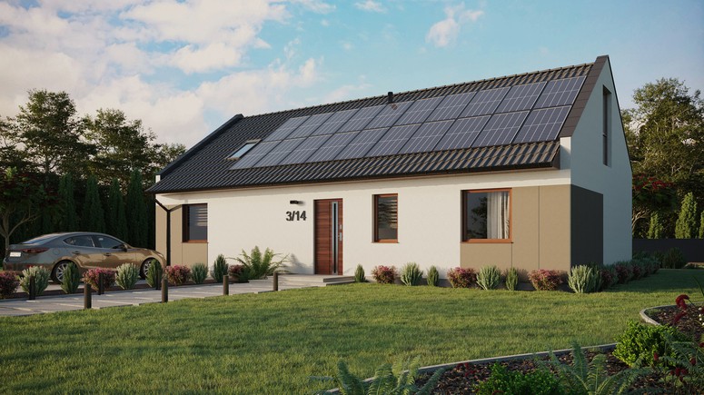 ERDOL 3 XL - Version Links (Wohnzimmer auf der linken Seite) - Modernes Satteldach mit Dachgeschoss -Dachneigung 35 Grad - Dachfenster für Zimmer und Badezimmer - Bodentiefe Fenster im Dachgeschoss - Styropor, Netz, Kleber - Nusbaum - Photovoltaik-Installation 8 kWp (20 Paneele)