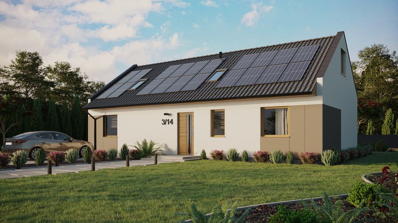 ERDOL 3 XL - Version Links (Wohnzimmer auf der linken Seite) - Modernes Satteldach mit Dachgeschoss -Dachneigung 35 Grad - Zwei-Zimmer-Dachfenster - Standard - Styropor, Netz, Kleber - Winchester - Photovoltaik-Installation 8 kWp (20 Paneele)