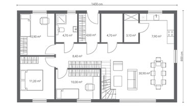 ERDOL 3 XL - Version Links (Wohnzimmer auf der linken Seite) - Treppe im Wohnzimmer - Grundriss Erdgeschoss