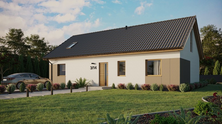 ERDOL 3 XL - Version Links (Wohnzimmer auf der linken Seite) - Satteldach mit Dachgeschoss -Dachneigung 35 Grad - Dachfenster für Zimmer und Badezimmer - Balkontür im Esszimmer und Bodentiefe Fenster im Dachgeschoss - Styropor, Netz, Kleber - Winchester - Ohne